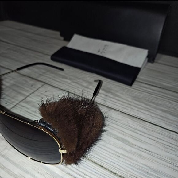 SAINT LAURENT Mink Fur Sunglasses Aviator Classic 11 Shields With Storage Case - Picture 5 of 12